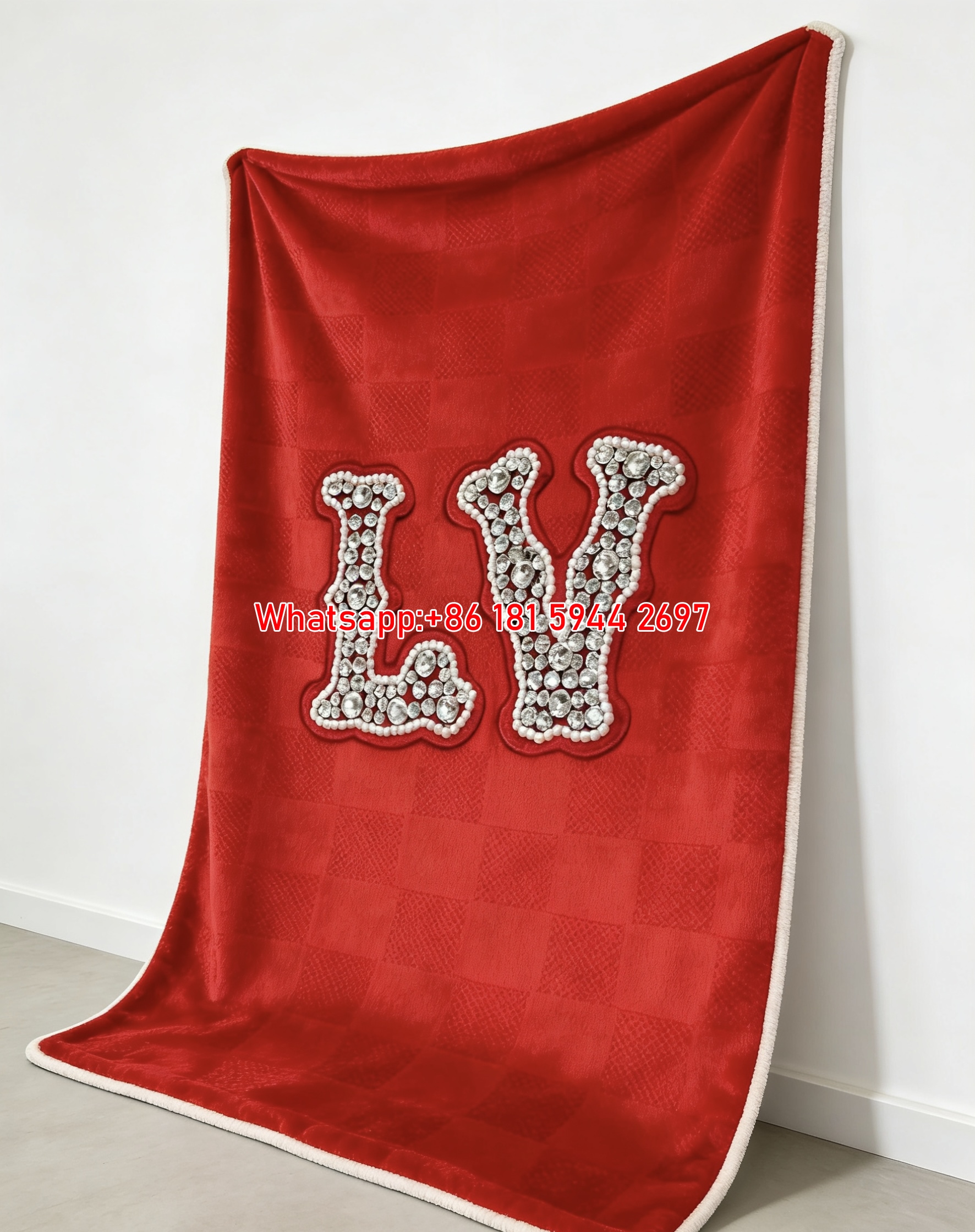 Red Rhinestone LV Flannel Throw Blanket 282